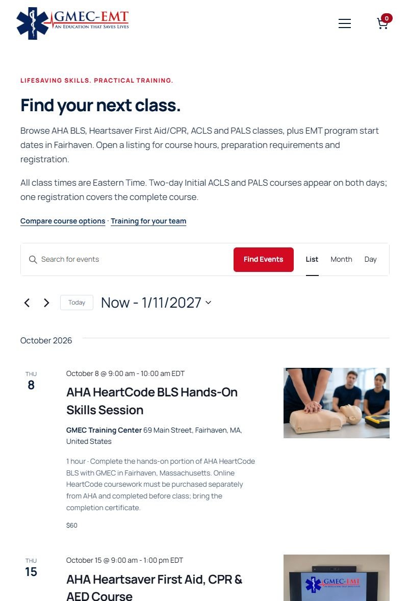 GMEC-EMT course calendar - tablet view