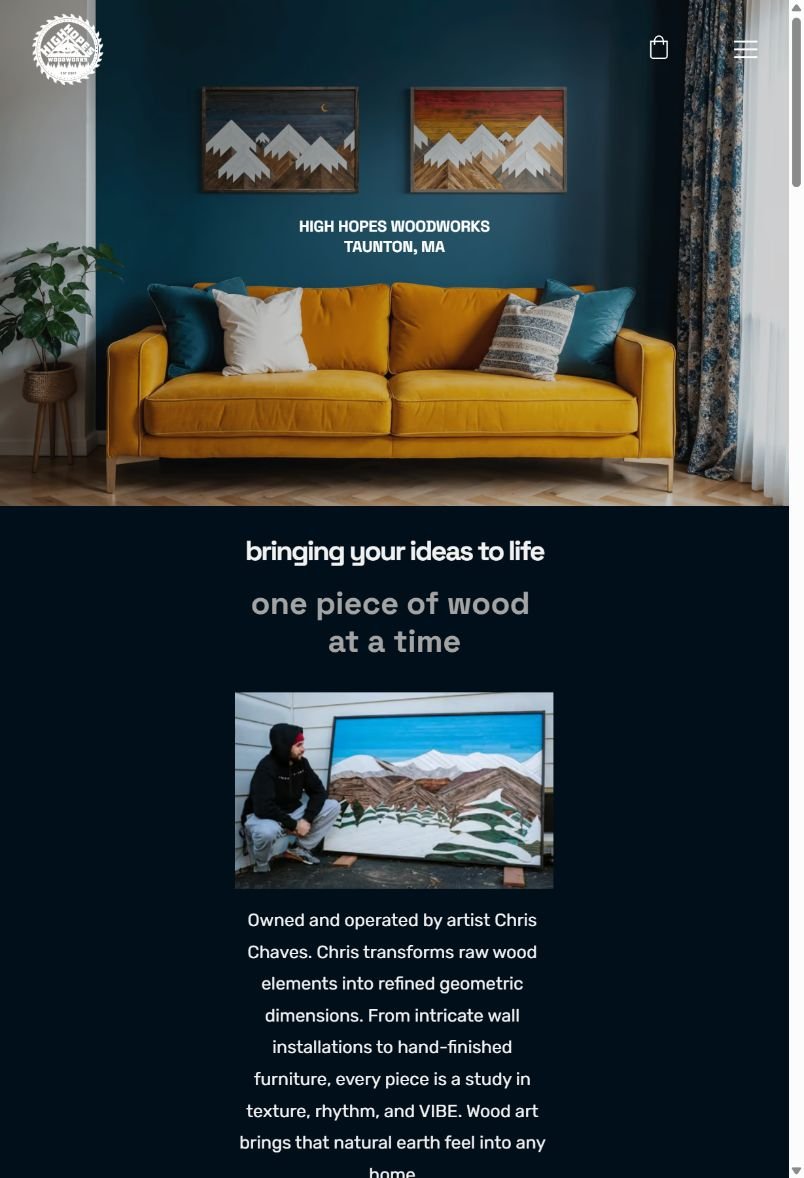 High Hopes Woodworks tablet website view