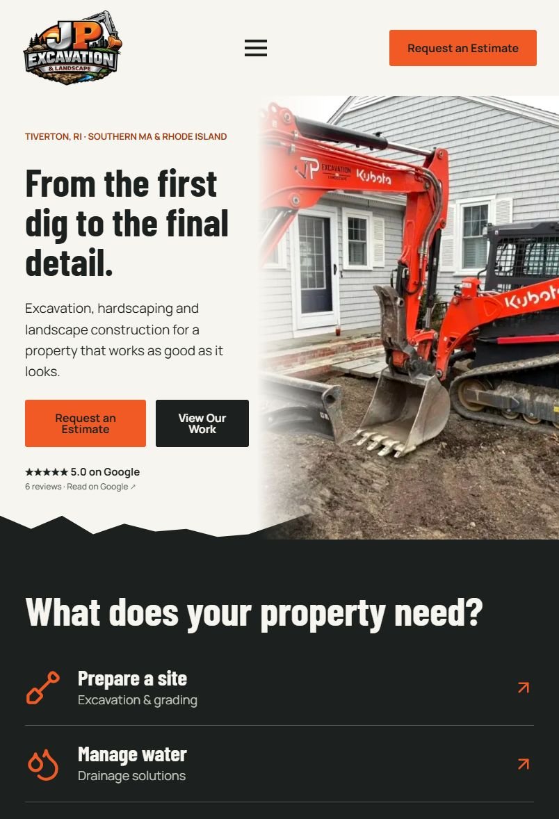 JP Excavation and Landscape rebuilt WordPress website - tablet view