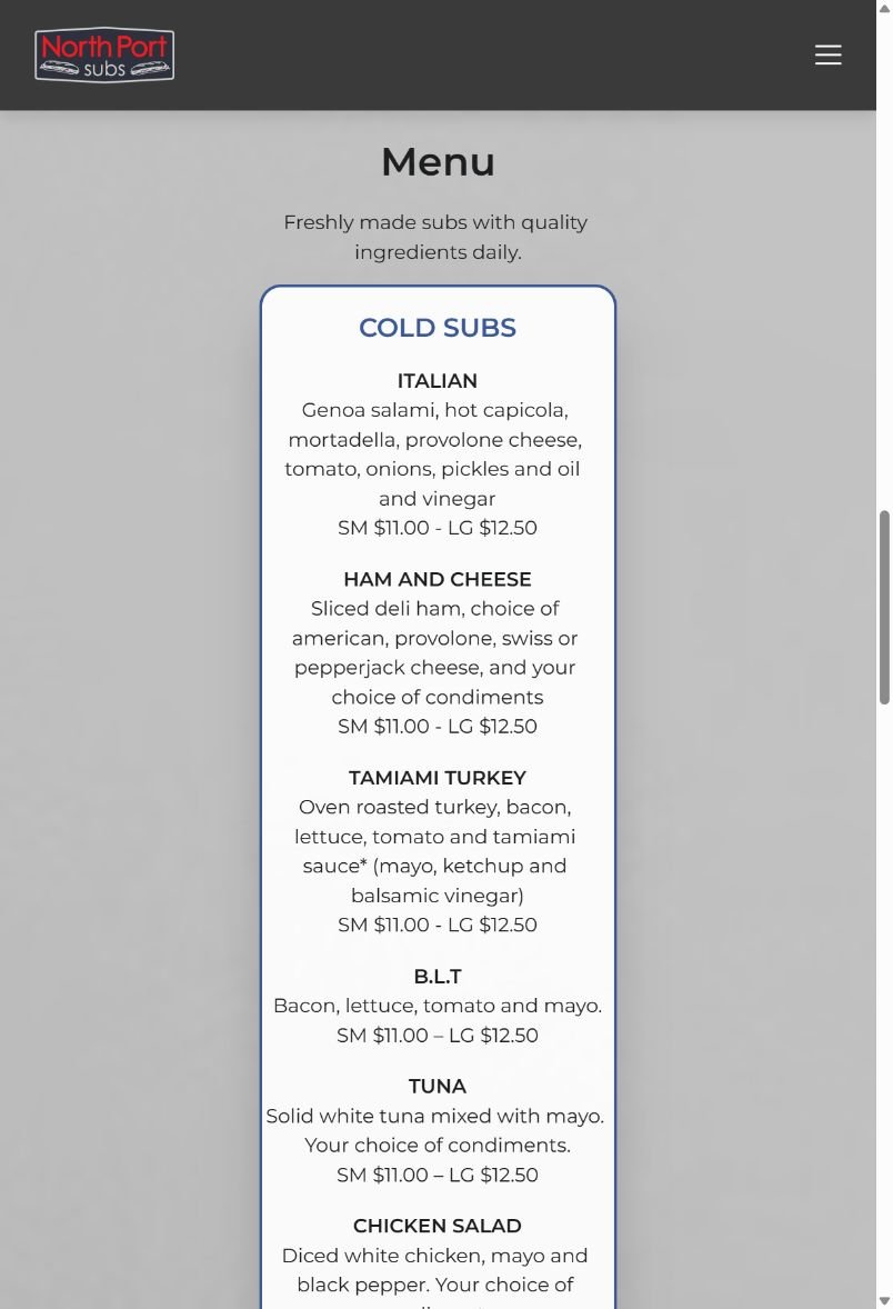 North Port Subs menu on tablet