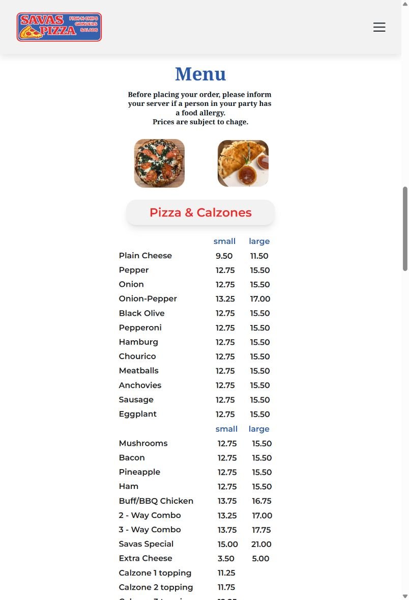 Savas Pizza menu on tablet
